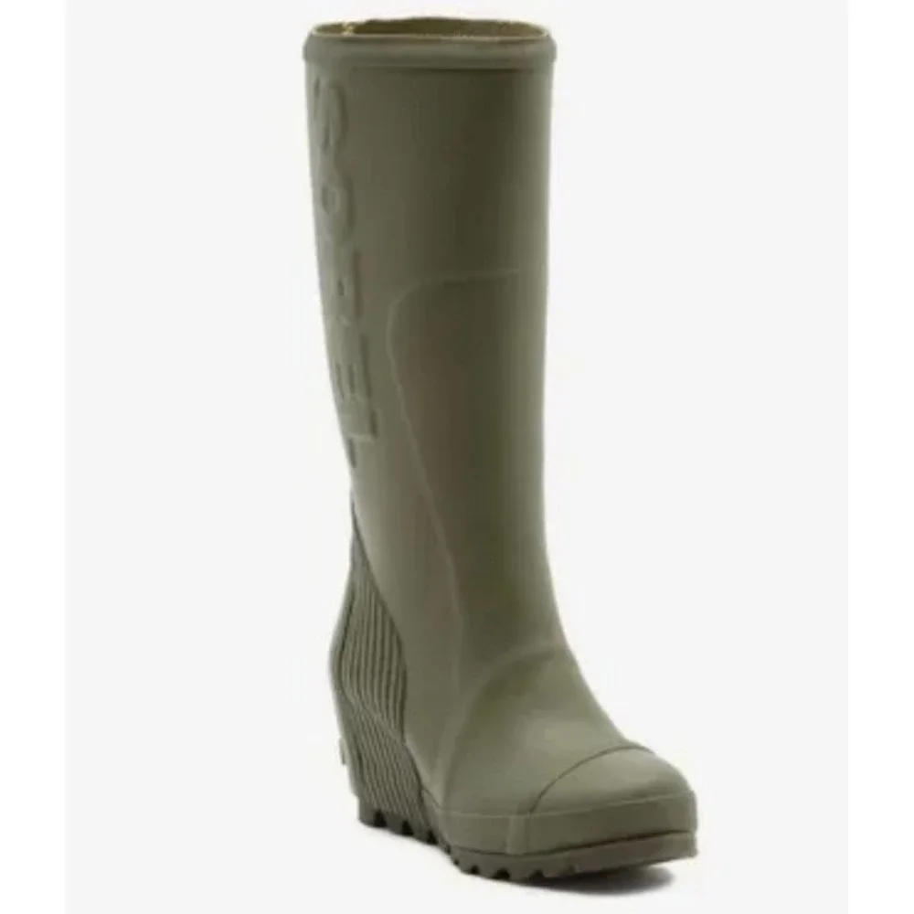 Sorel Joan Rain Wedge Tall Boots Olive Green Rare, Waterproof US 9, Like New
